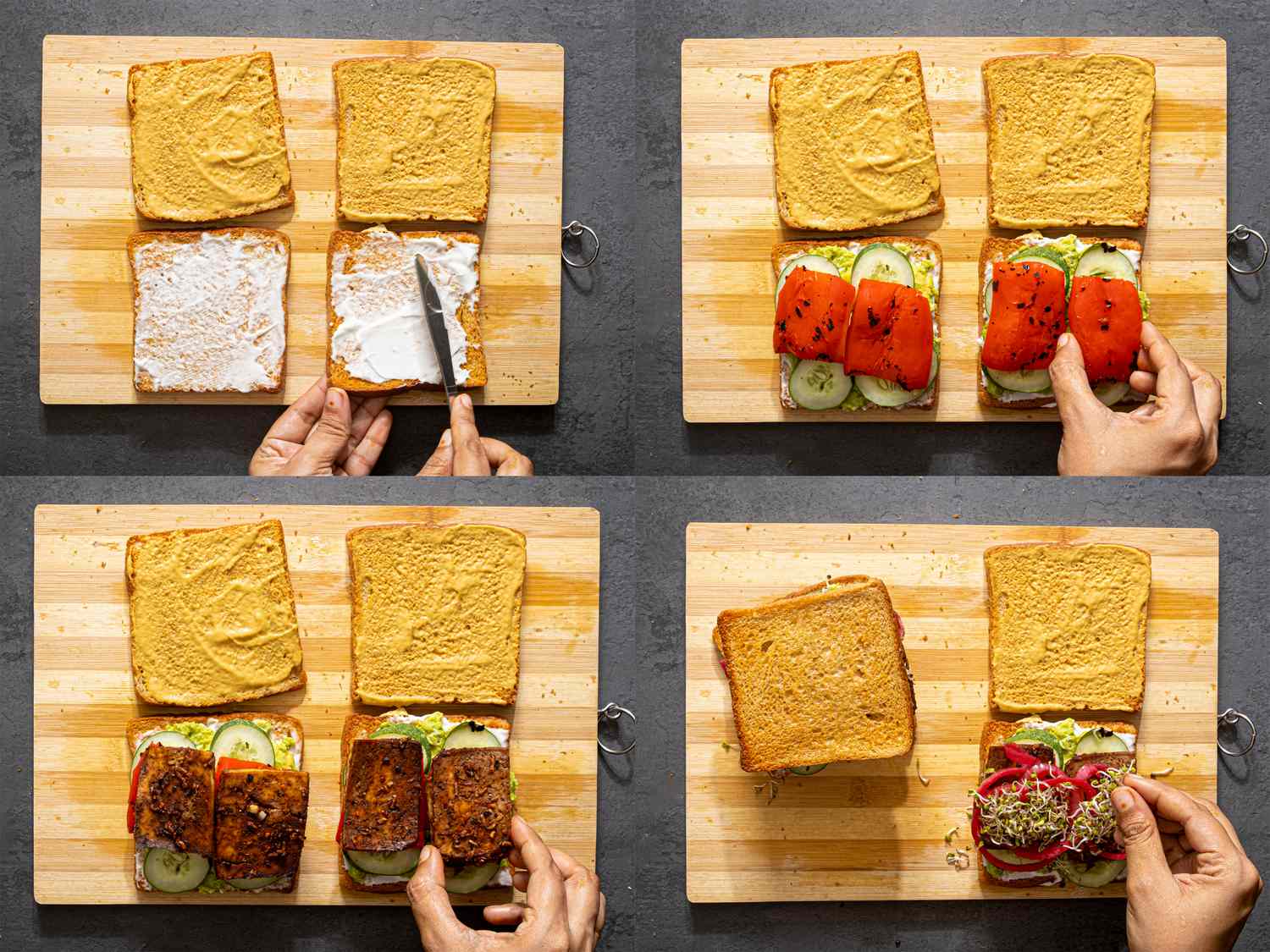 Steps to assemble a marinated tofu sandwich on a cutting board with tofu vegetables and spreads being added in sequence