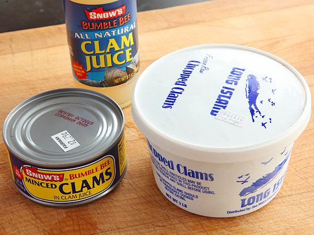 Examples of clam juice, canned and frozen clams.