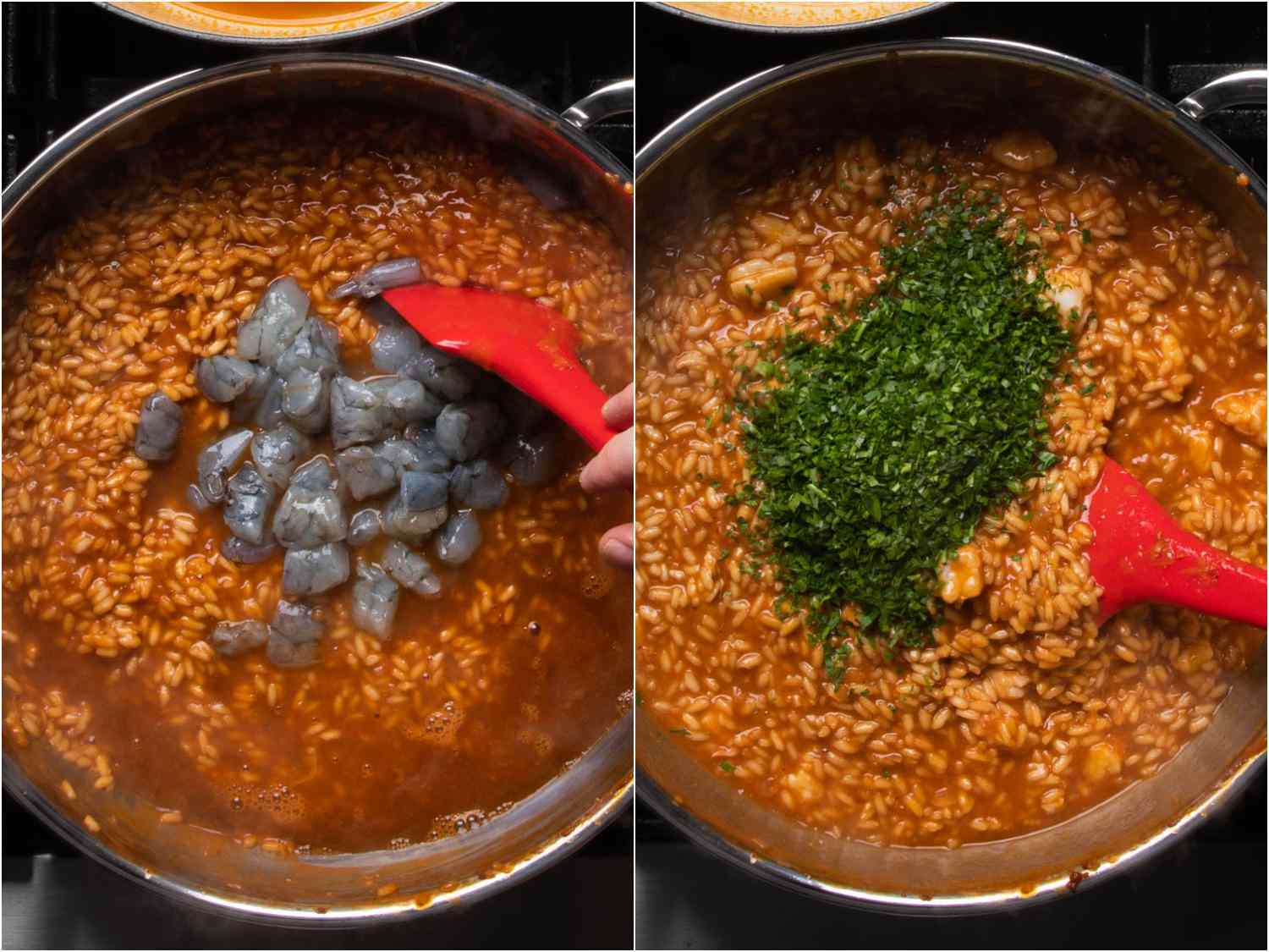 Adding shrimp and parsley to finish risotto