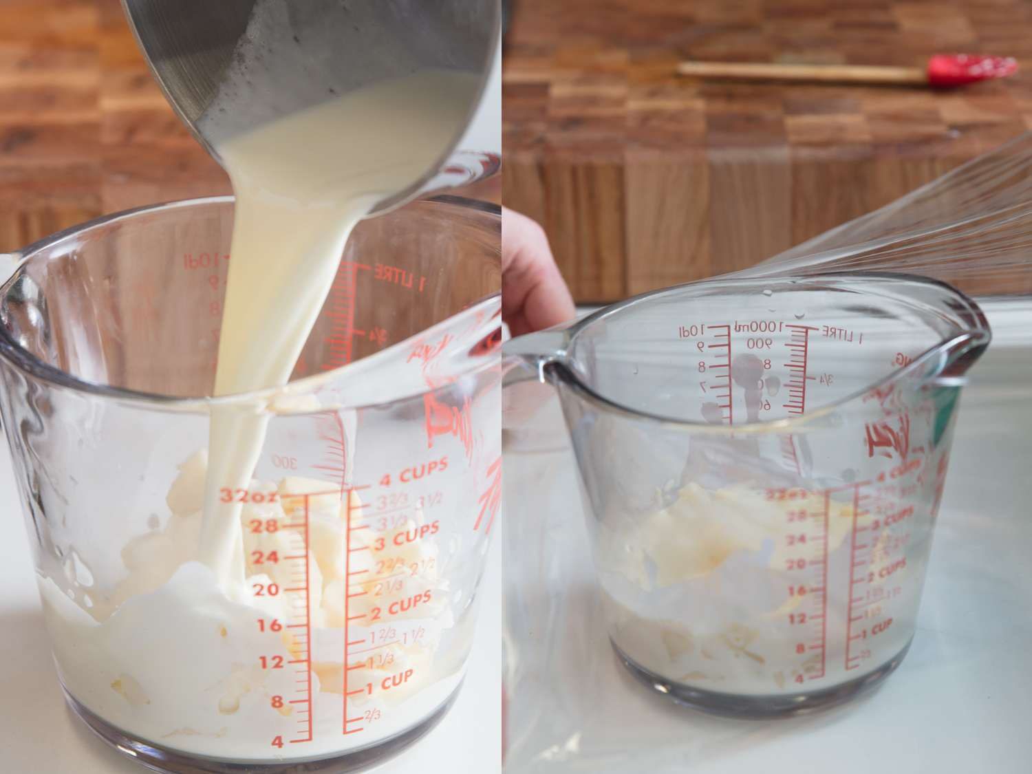 Pouring hot cream over Taleggio and covering with plastic wrap for cheese sauce.