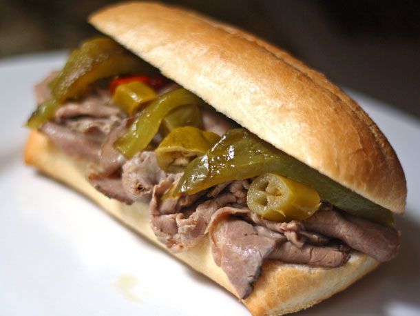 An Italian beef sandwich, amply appointed.