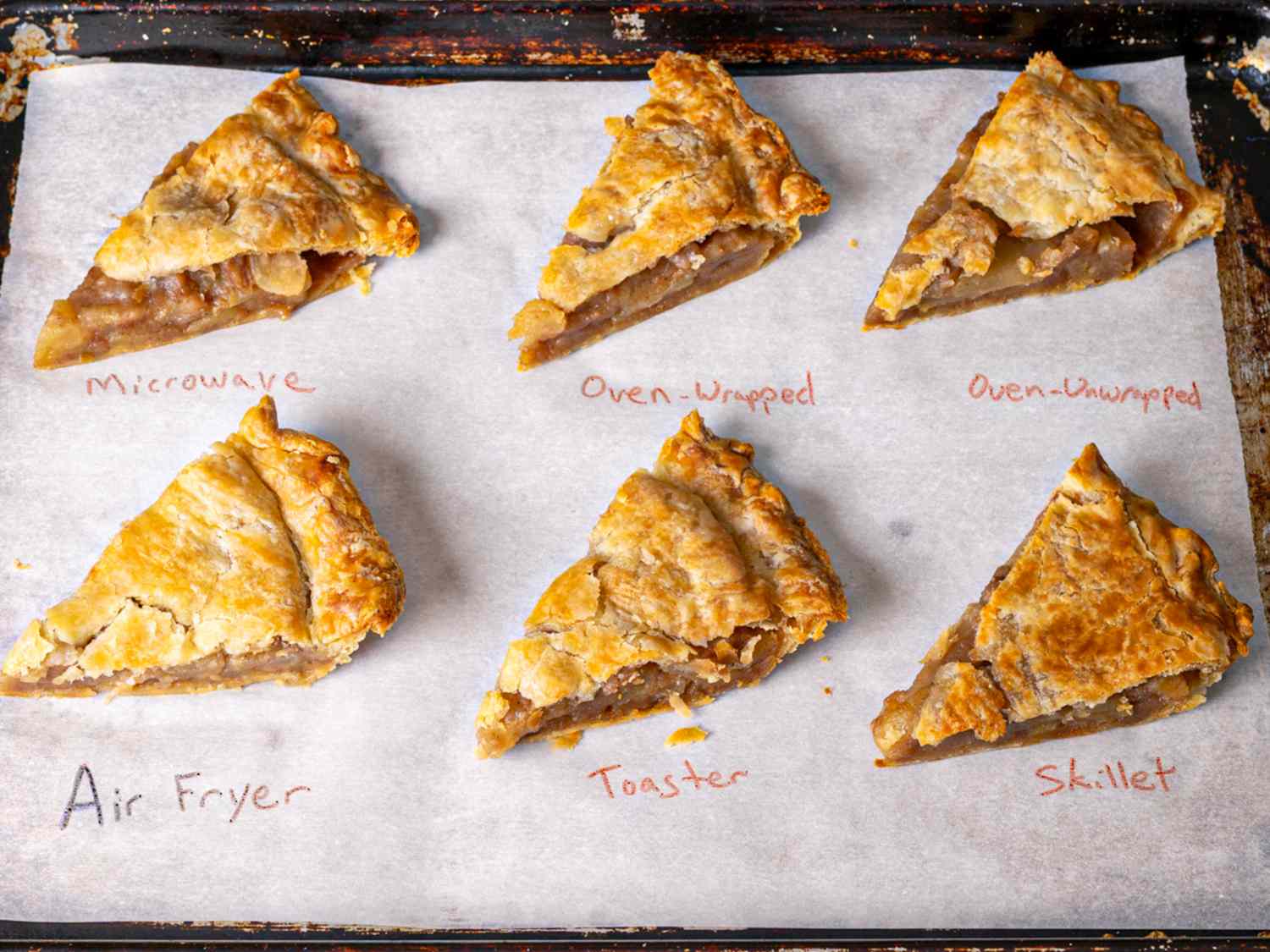 Slices of pie reheated using different methods including microwave oven wrapped oven unwrapped air fryer toaster and skillet