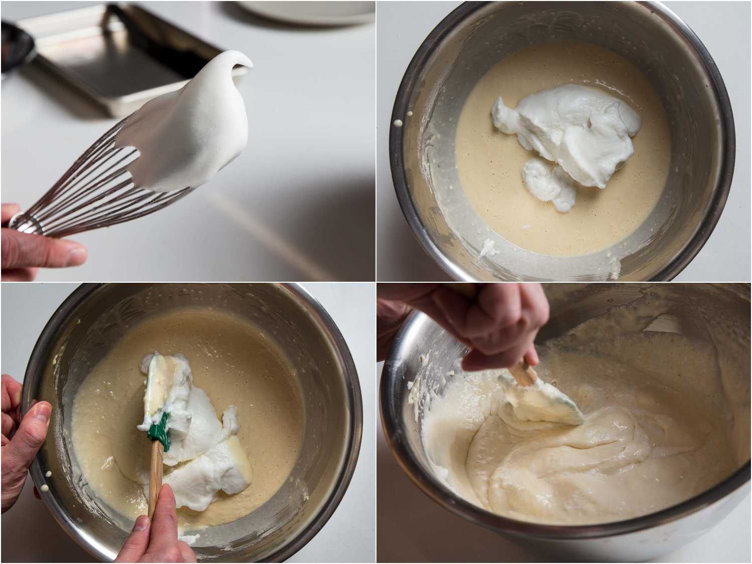 Process shots of folding whipped egg whites into yeasted blini batter