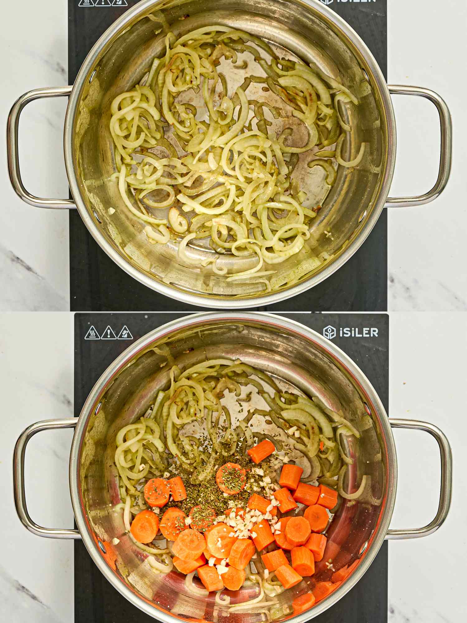 Twostep cooking process showing vegetables being sauted in a pot on a stovetop garlic and carrots added in the second step
