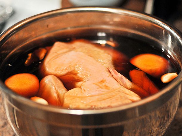  The duck, submerged in brine.