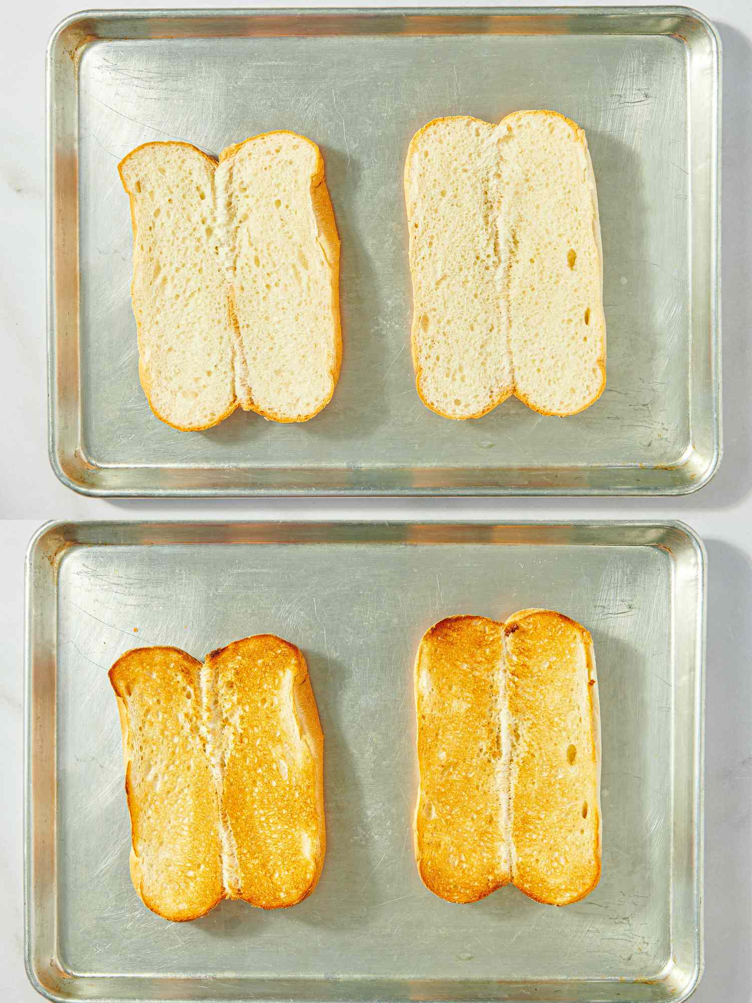 Two baking trays with bread slices, before and after toasting