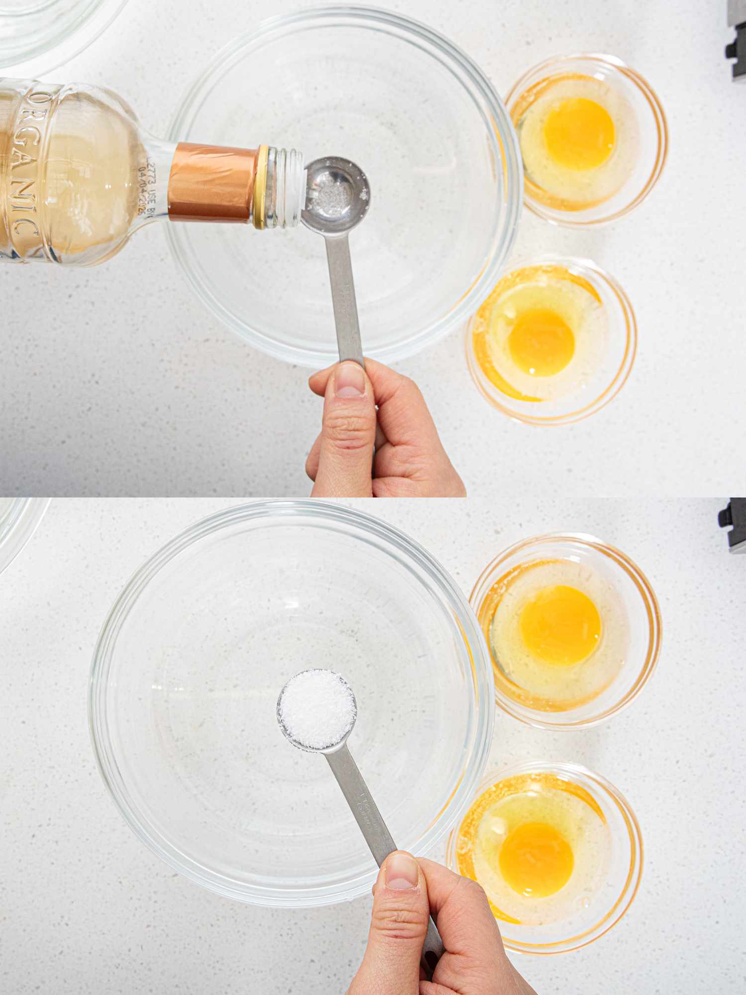 Two image collage of prepping eggs
