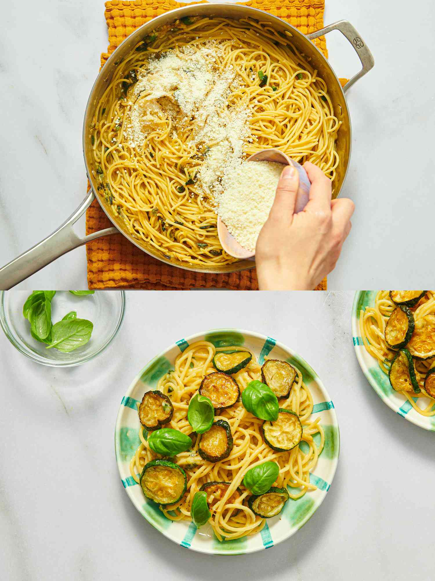 2 image collage. Top: shaking cheese into paste in pot. Bottom: garnishing plated pasta with zuchinni and fresh basil 