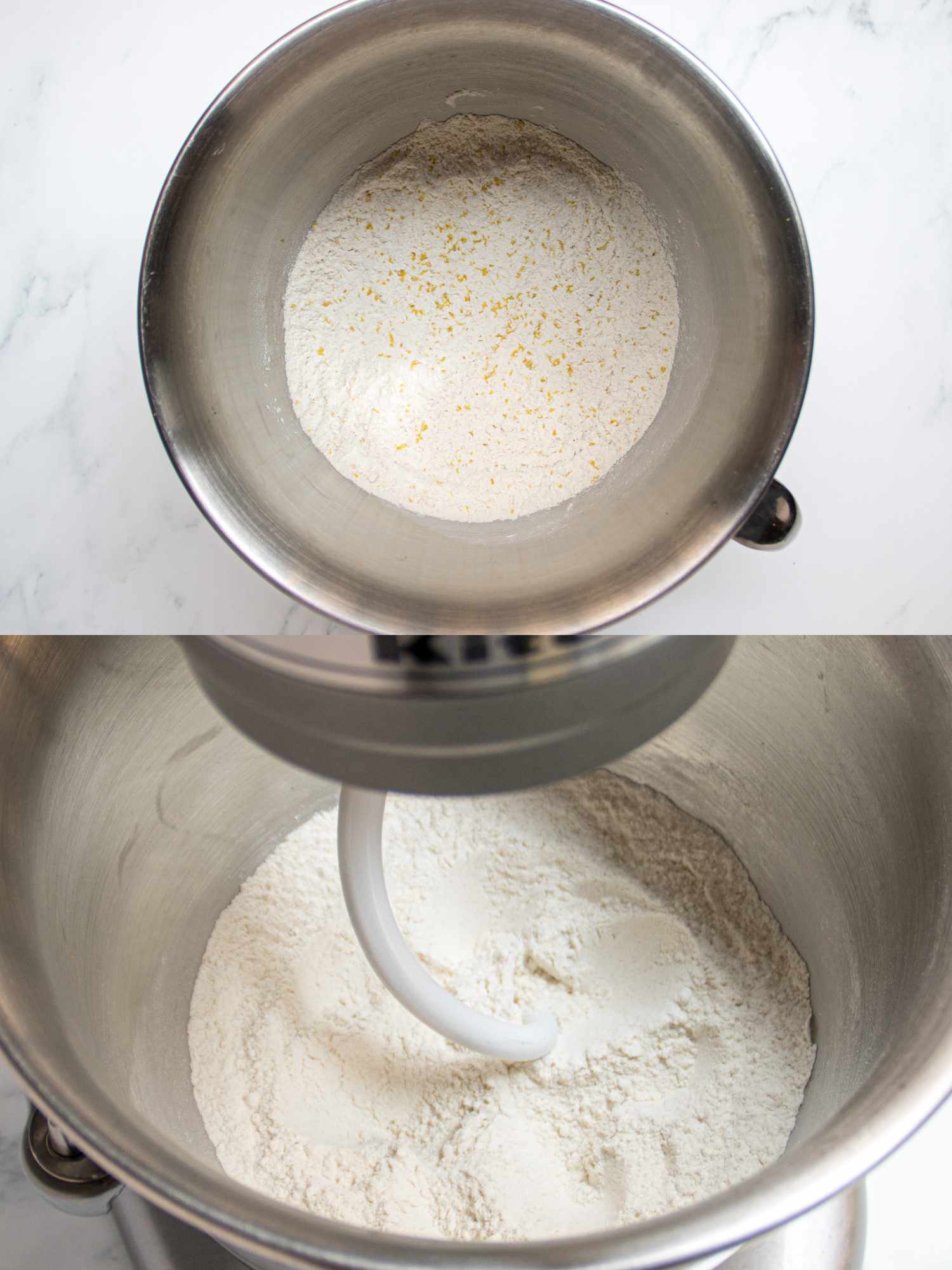 Two Image Collage. Top: Milk and egg in a metal bowl. Bottom: Flour, sugar, yeast, salt and lemon zest in a stand mixer