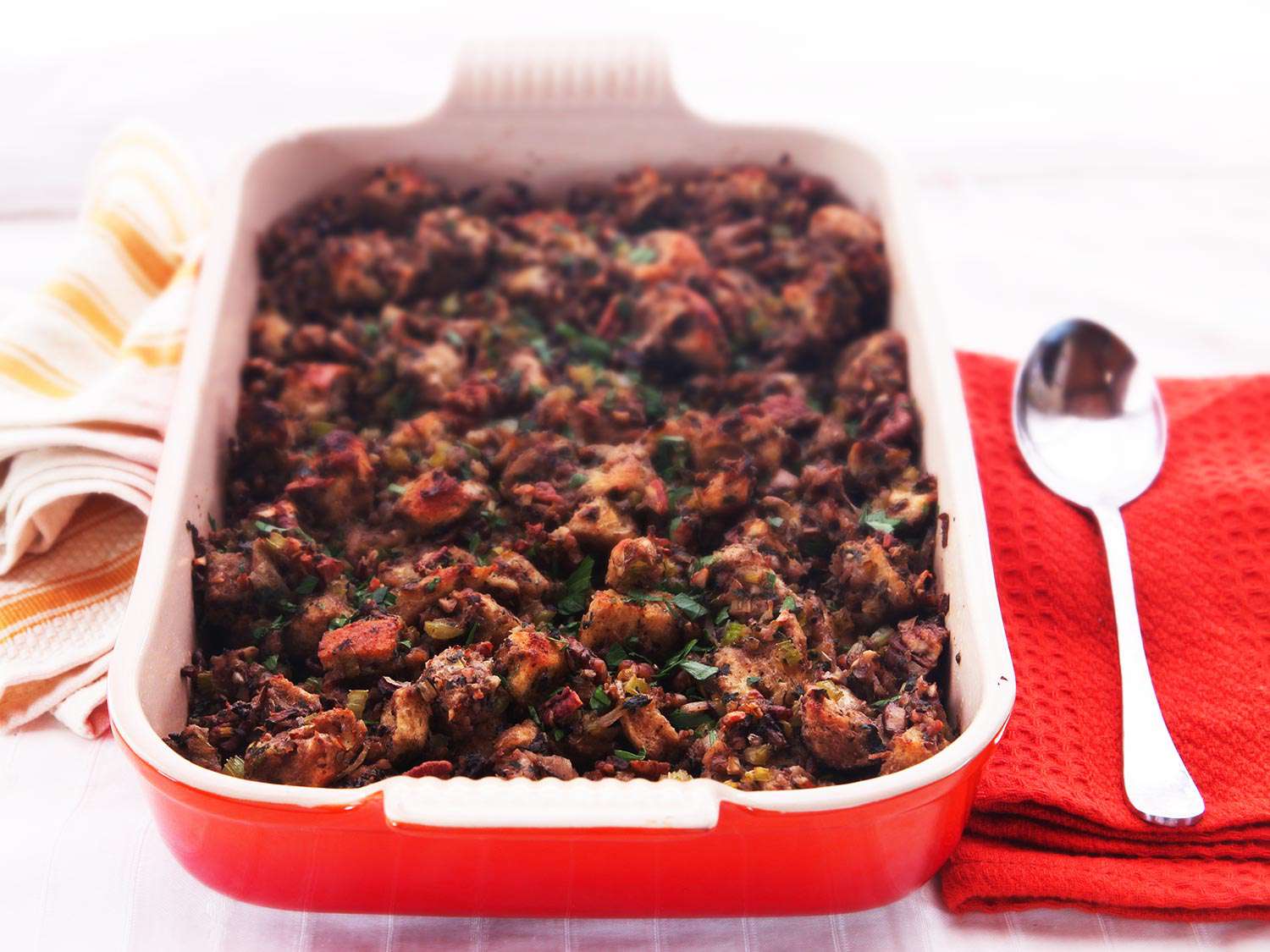 A tray of baked vegan stuffing.
