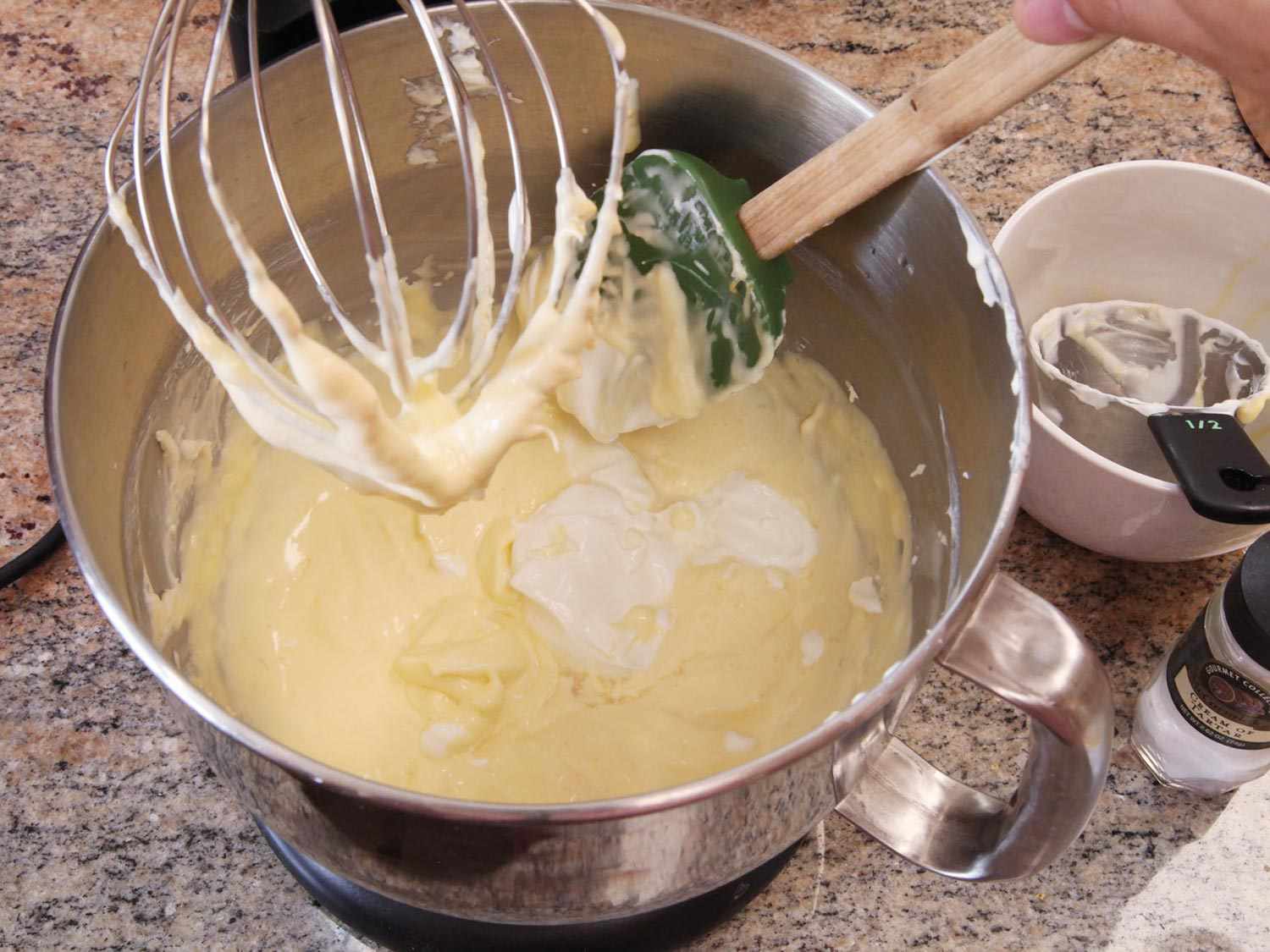 Cheesecake batter is mixed with the whisk attachment.