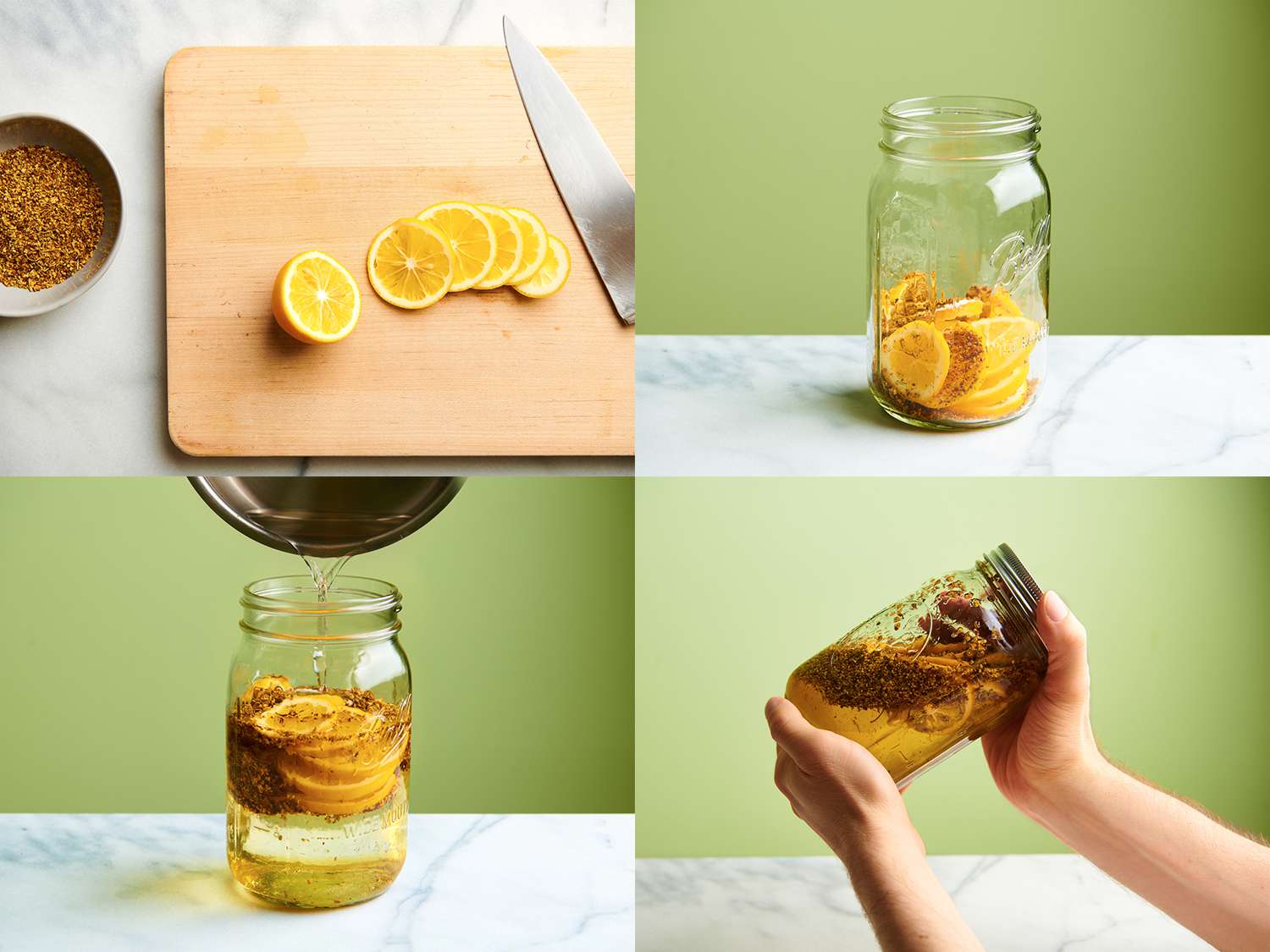 A four-image collage showing Meyer lemon being sliced on a cutting board, added a a mason jar with elderflower, covered with simple syrup, and then being shaken by two hands.