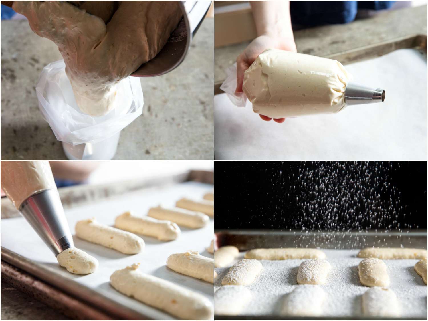 A 4-image collage of transferring the ladyfinger batter to a piping bag, cinching it, piping ladyfingers, and dusting them with powdered sugar.