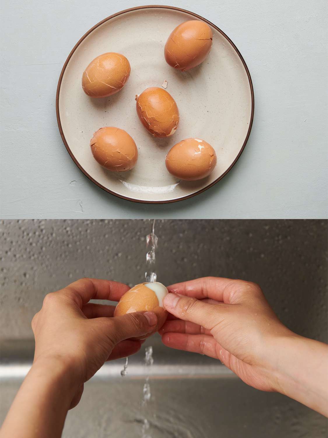 A two-image collage. The top image shows a plate holding five eggs which have had their shells thoroughly cracked all over but not yet removed. The bottom image shows two hands peeling an egg under a thin stream of water inside of a sink.