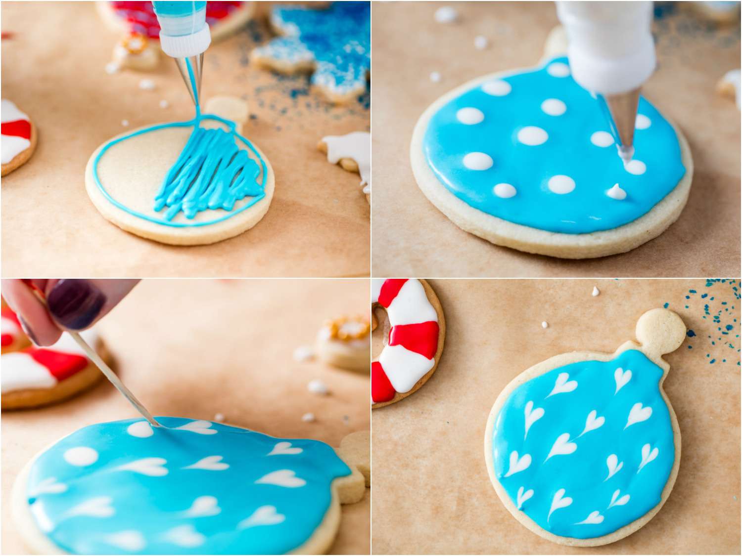 Collage showing a blue ornament-shaped cookie being decorated with small white hearts.