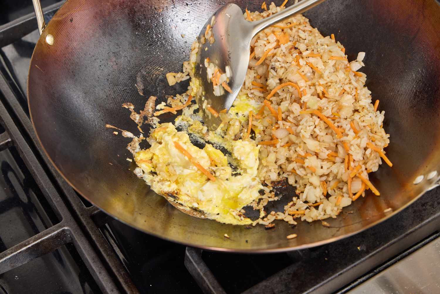 Fried rice is made in the Joyce Chen Carbon Steel Wok