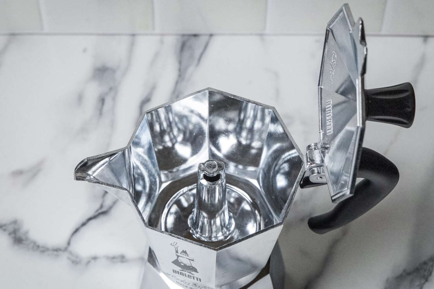 A closeup view of the inside of the Bialetti Moka Express moka pot.