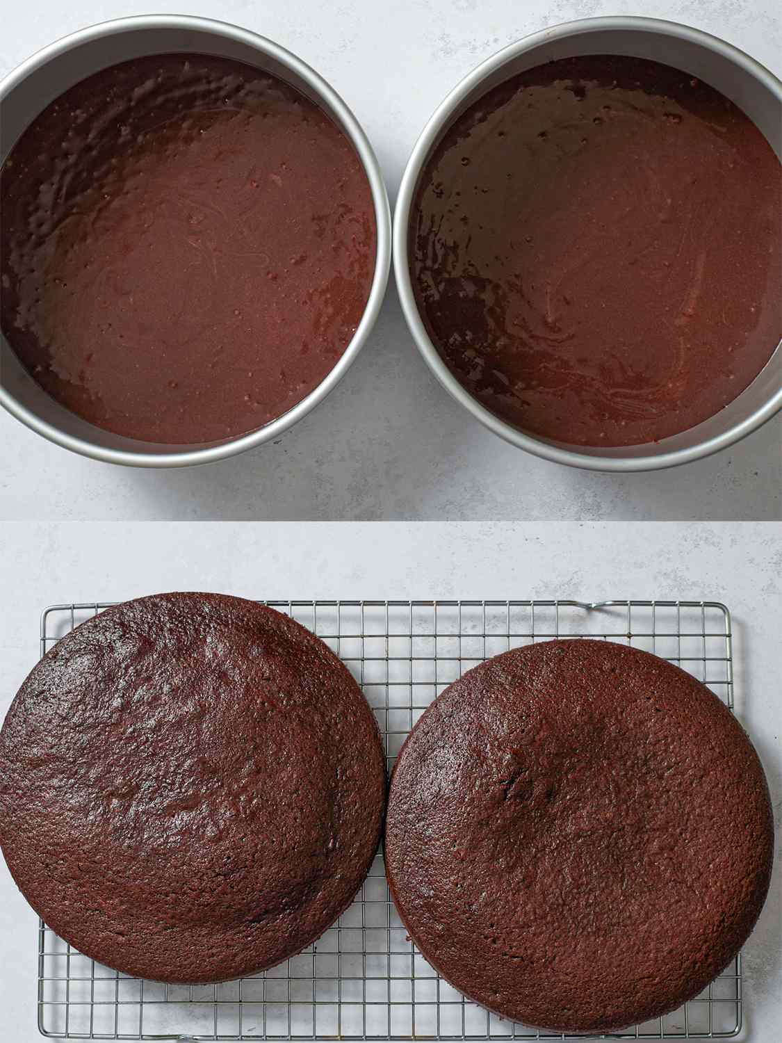Two image collage of batter in baking tins before being baked and then cakes on wire rack after being baked