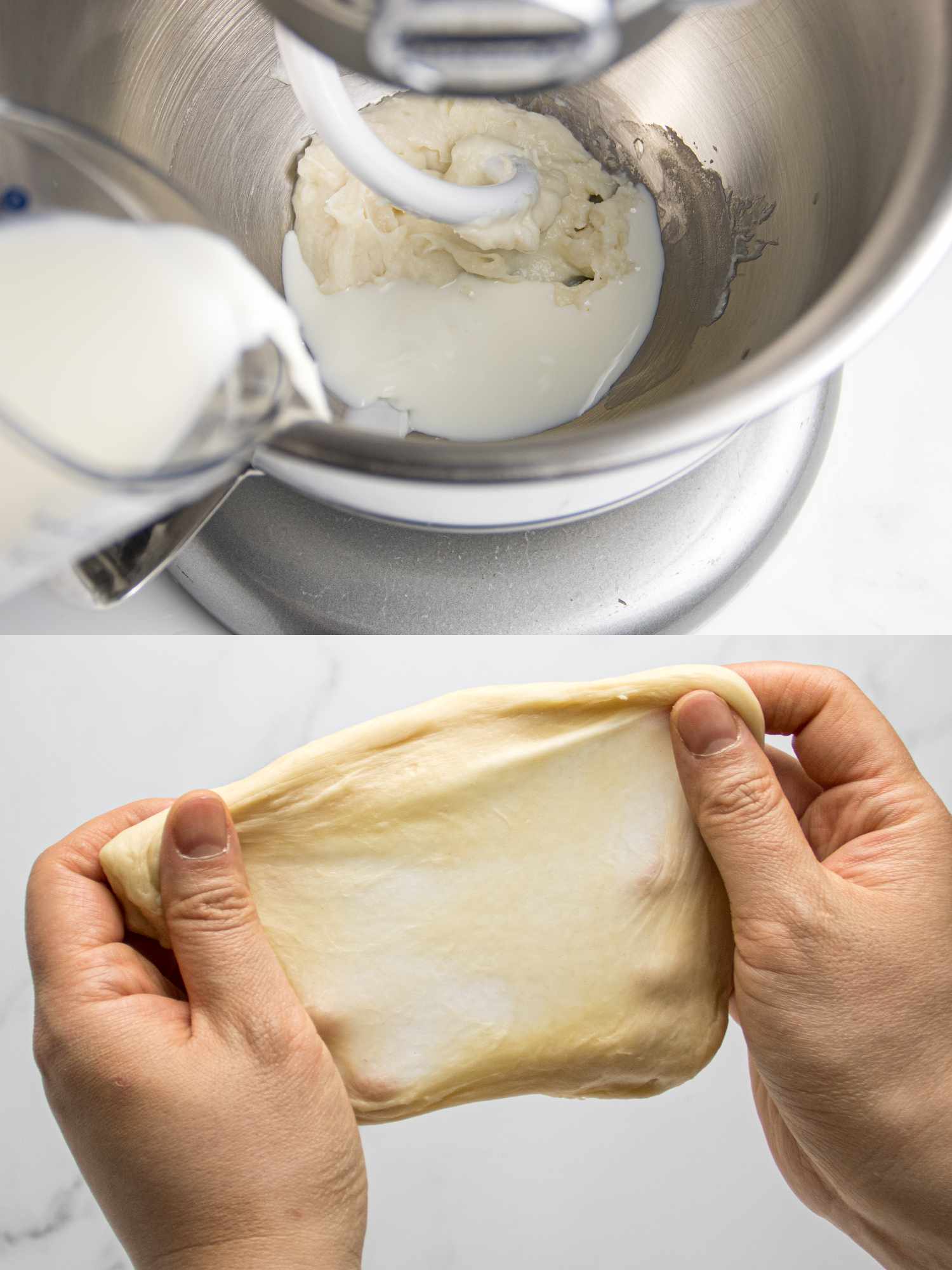 2 image collage. Top left: adding milk in dough. Bottom: using window pane test 