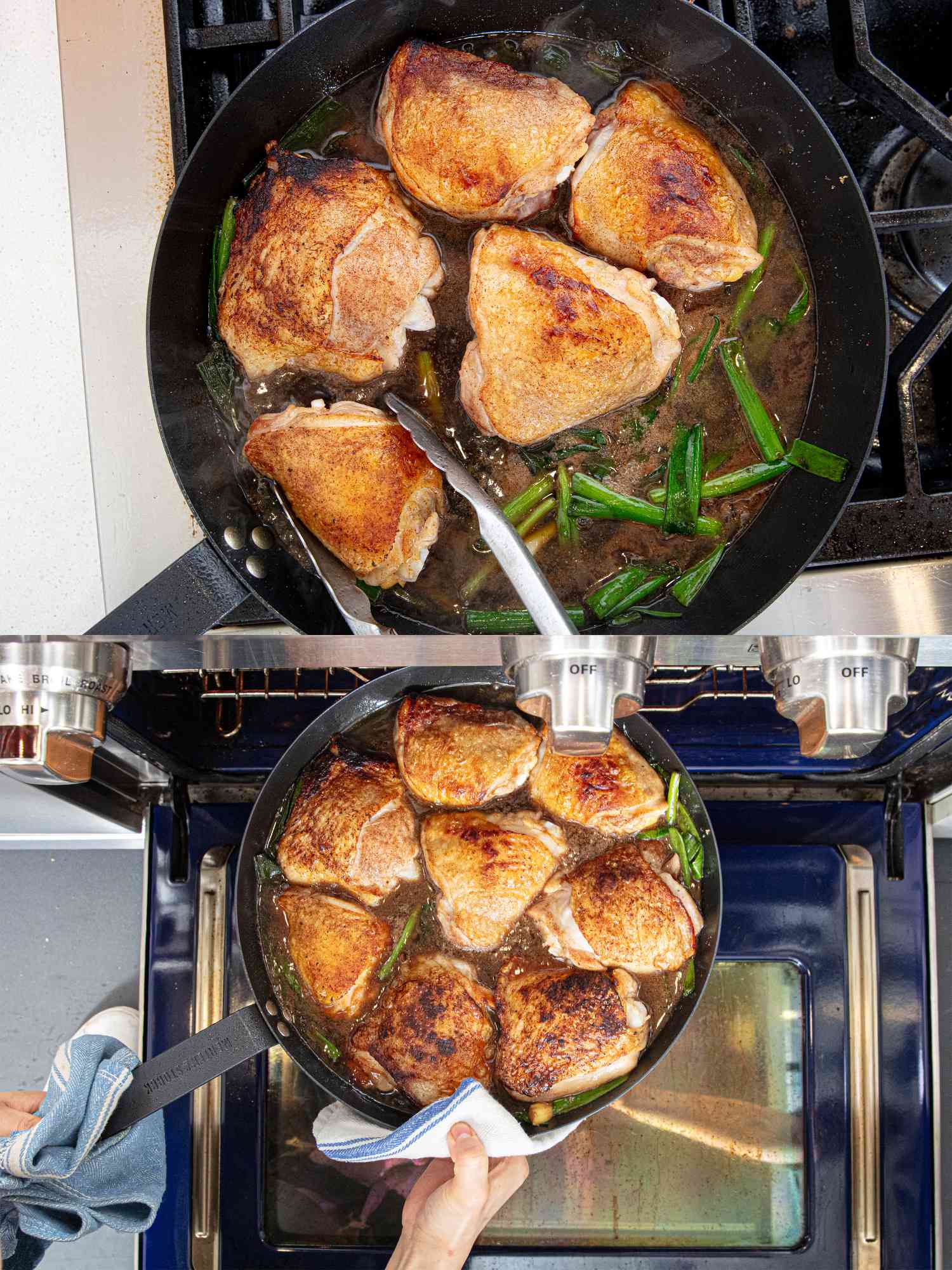 Two image collage of finishing chicken in braise