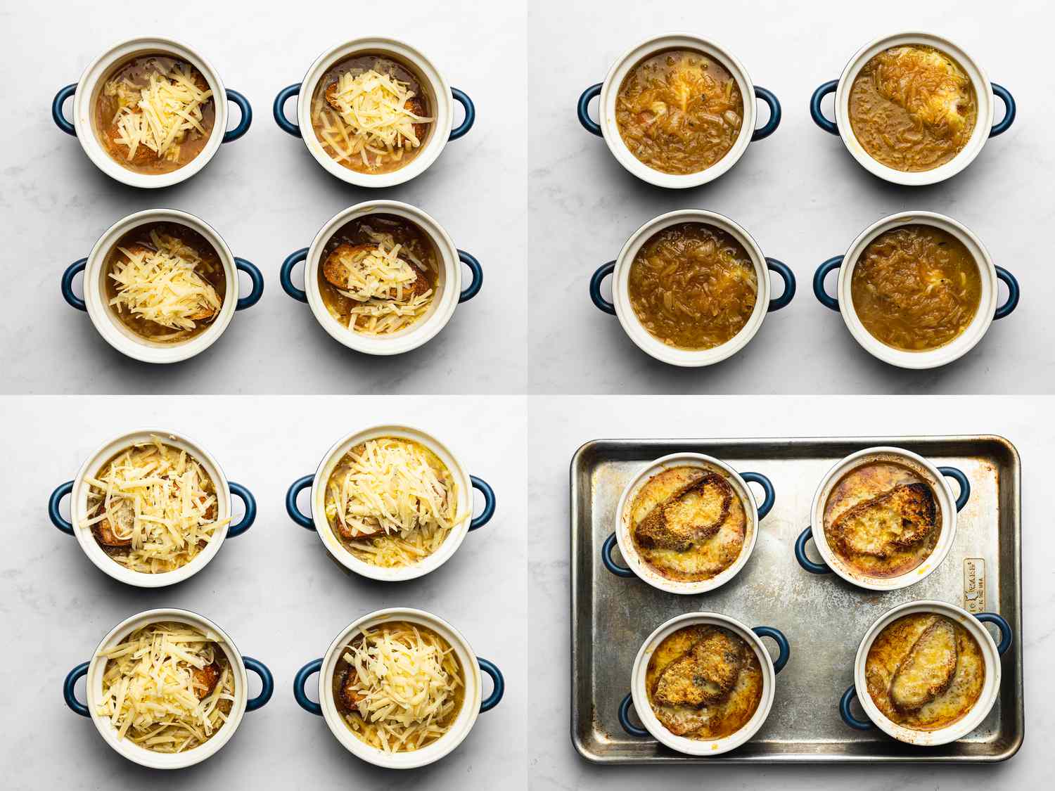 Four image collage of overhead viw of building french onion soup and after it has been broiled