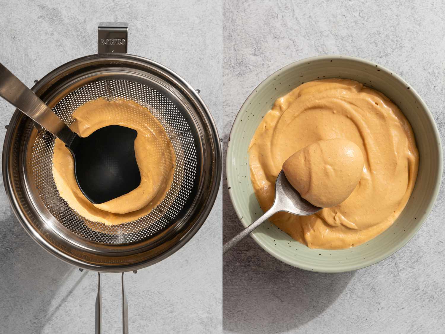 Mixture in a mesh strainer, then served in a bowl