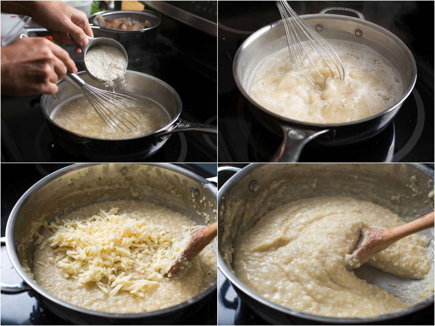 A collage: stages of cooking grits and finishing with grated cheese.