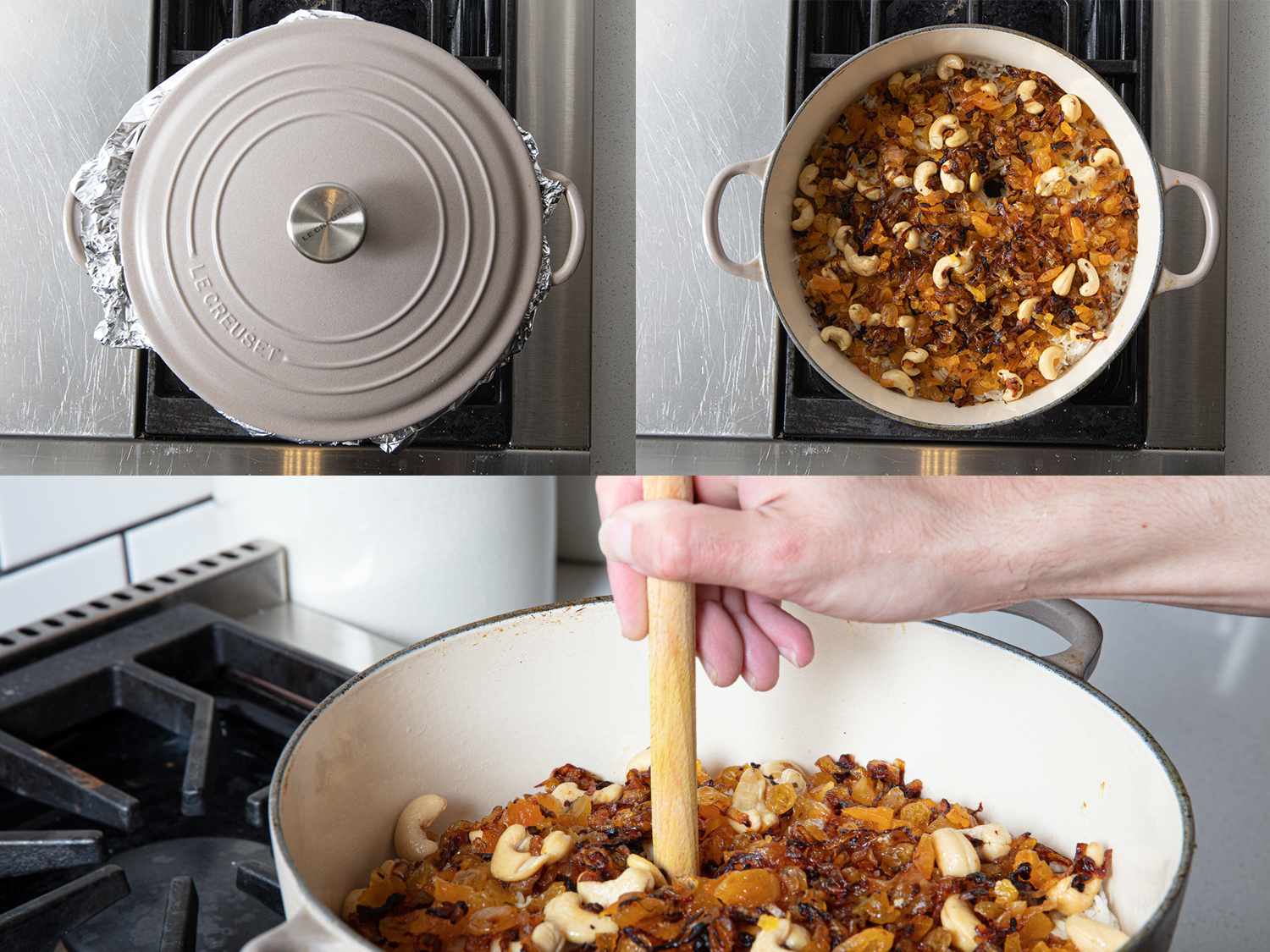 Three image collage. Upper left: Dutch oven covered with foil and lid. Upper Right: Biryani with hole in the middle. Bottom image: A hand sticking the handle of a wooden spoon into the biryani
