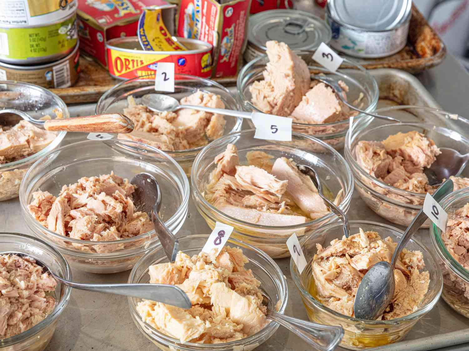 Many types of tuna in oil in small bowls side by side 