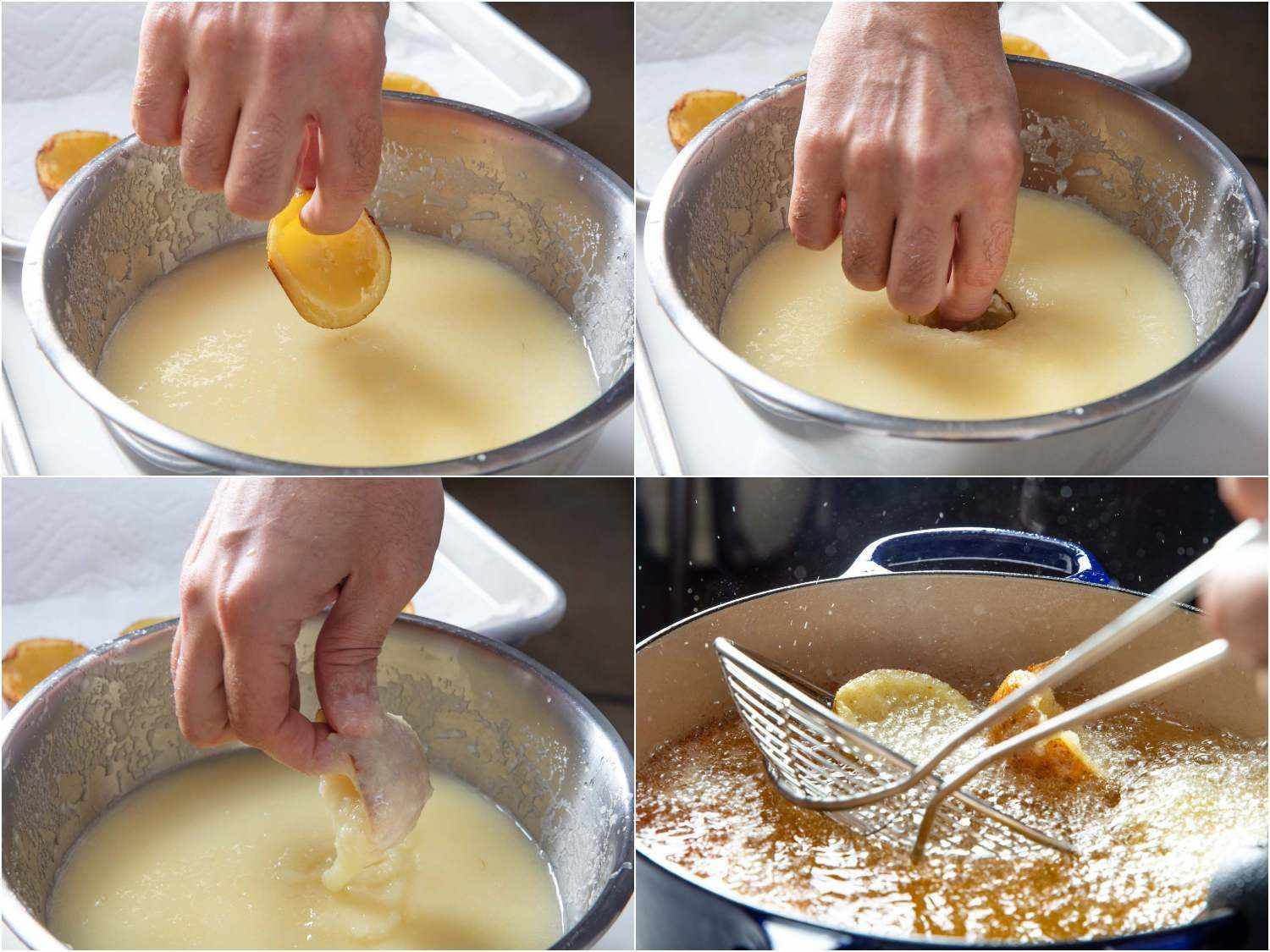 Dipping each potato cup in the slurry before deep frying