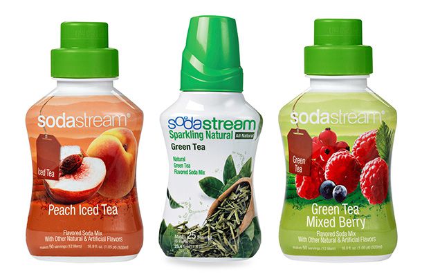 Bottles of SodaStream peach iced tea, sparkling green tea, and green tea mixed berry.