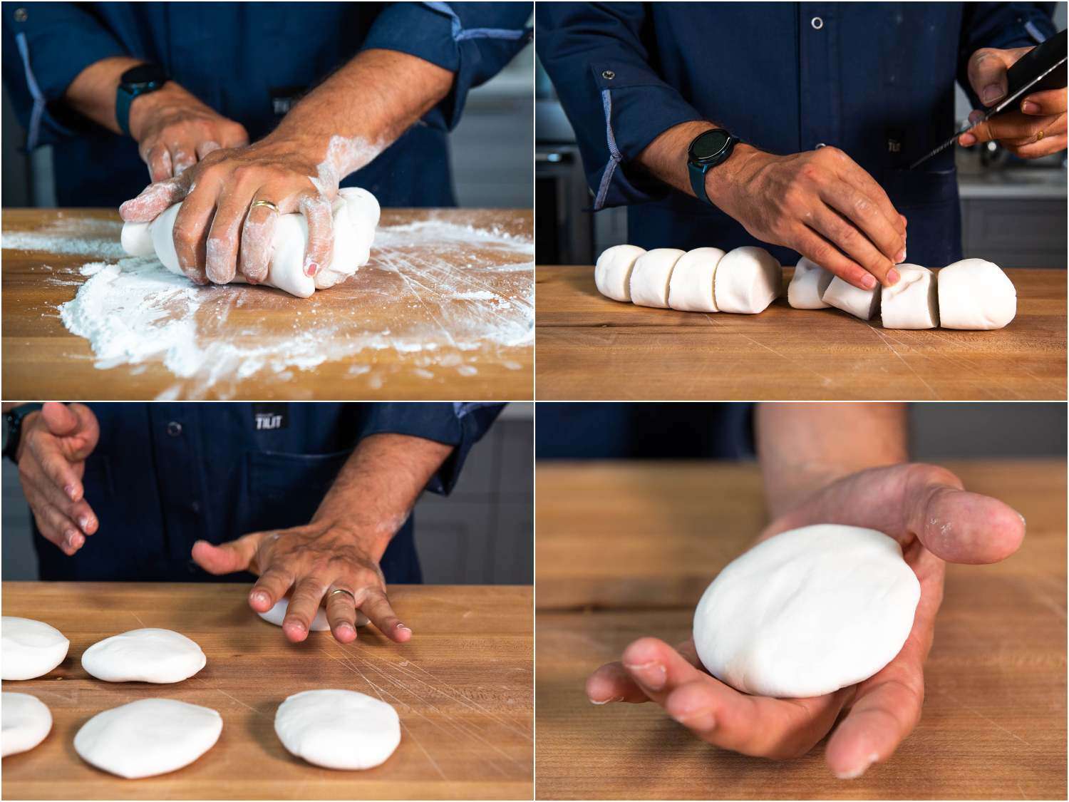 A 4-image collage: stages of kneading and portioning dough for khao piak sen noodles into balls, pressing the dough flat. 