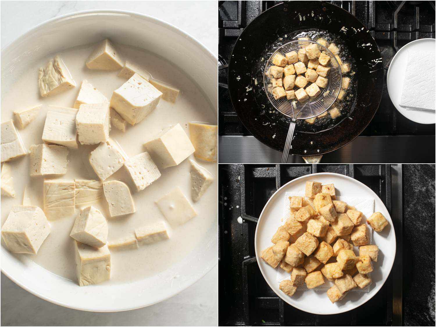 Collage of tofu cubes being battered and fried for crispy kung pao tofu