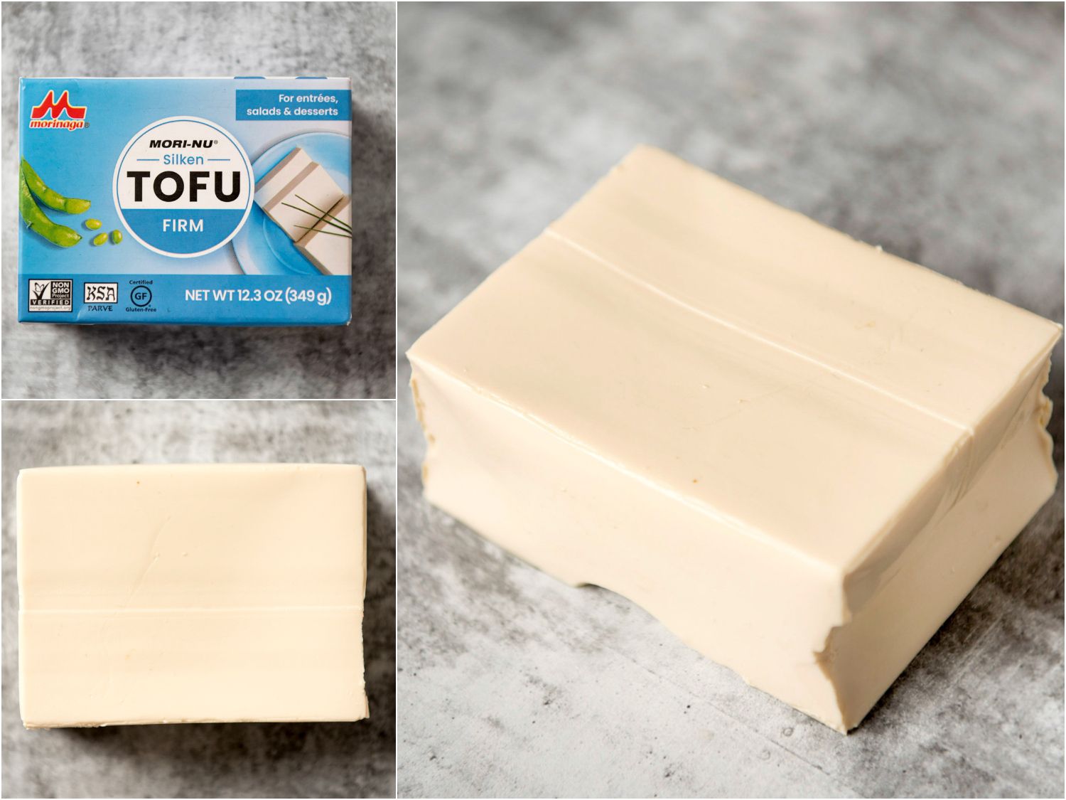 Collage of firm silken tofu in packaging; unpackaged; side angle