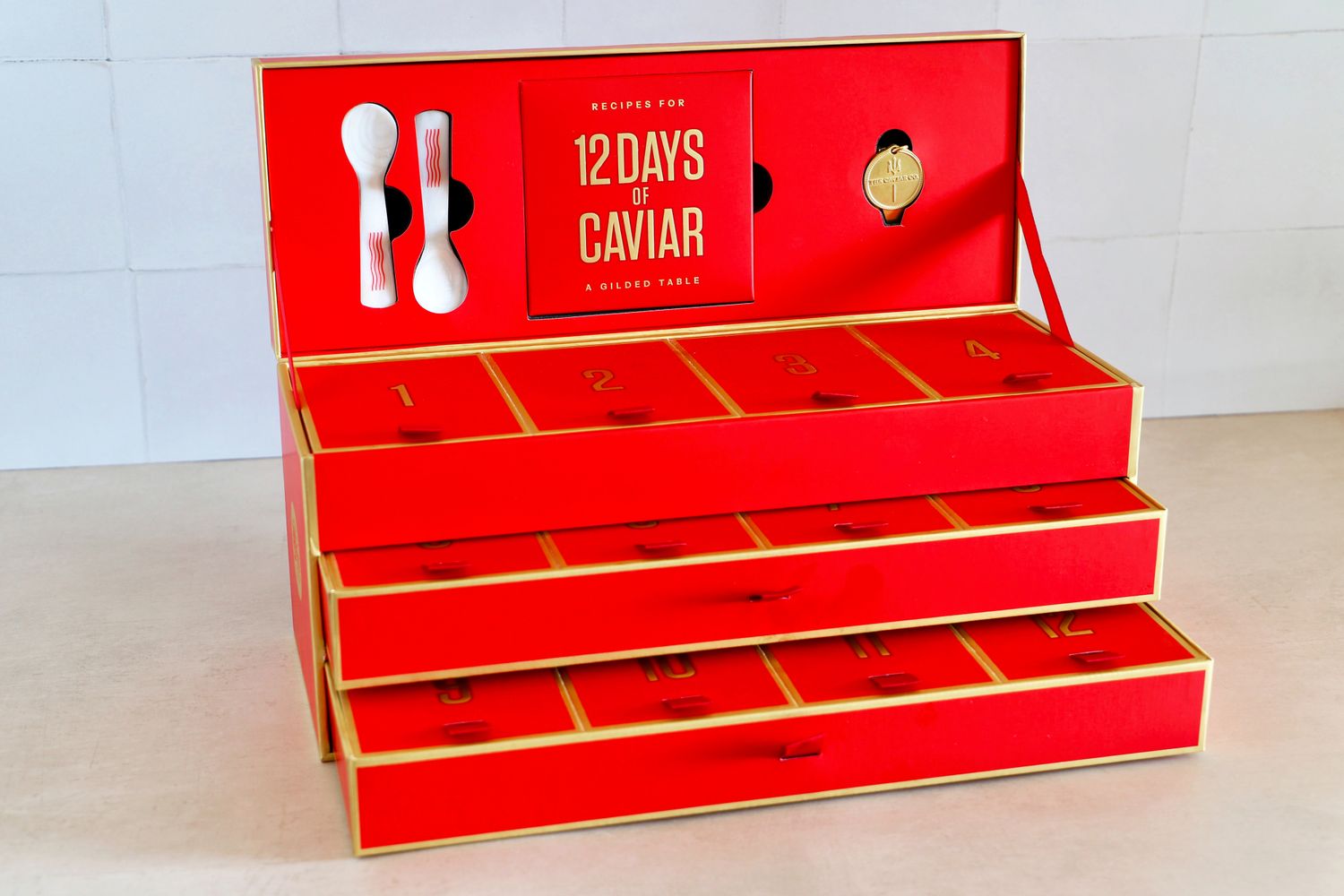 The Caviar Co 12 Days of Caviar Advent calendar opened to reveal its multi-tier structure