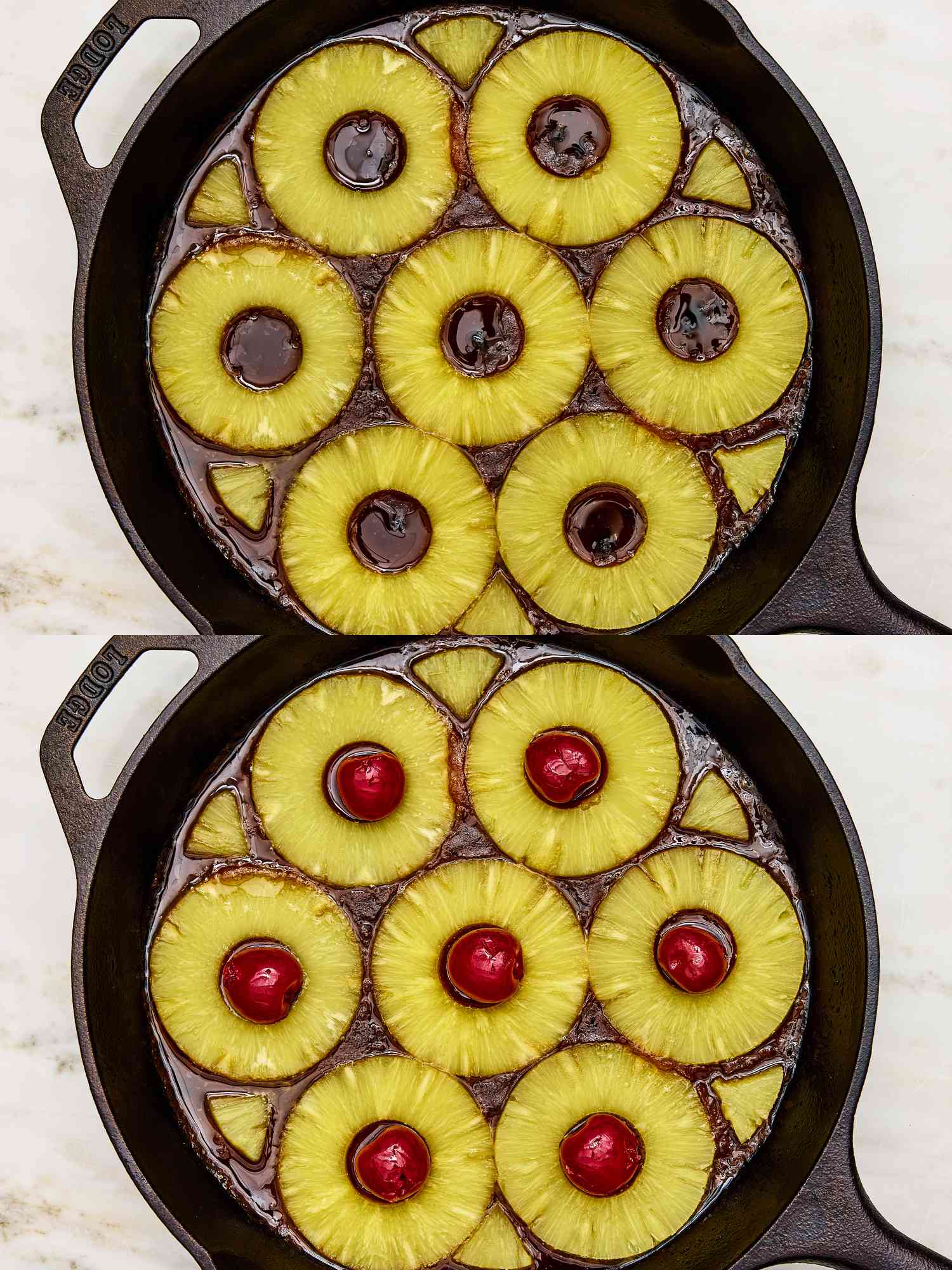 2 image collage. Top: Pineapple upside down cake in cast iron covered in pineapple rings. Bottom:Pineapple upside down cake in cast iron covered in pineapple rings with cherries in the middle 