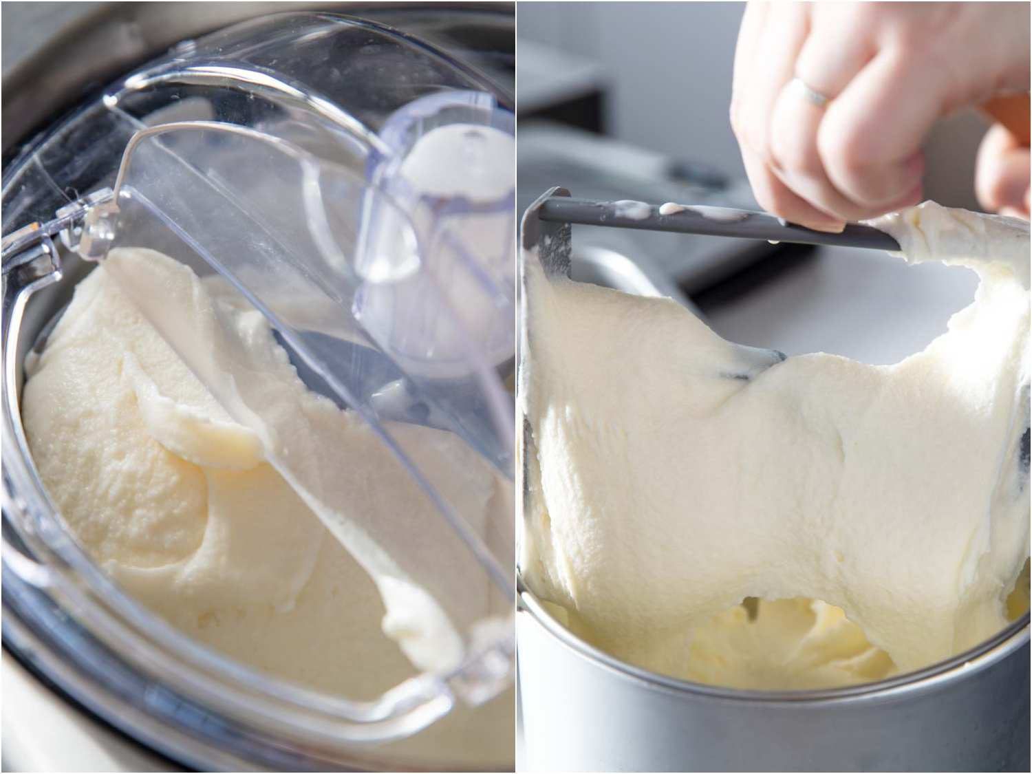 A collage showing fluffy gelato in the ice cream maker and freshly churned gelato looking thick and creamy. 