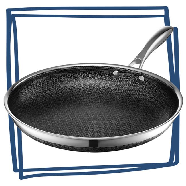 A HexClad 12inch frying pan with a stainless steel handle on a white background with blue outlined squares