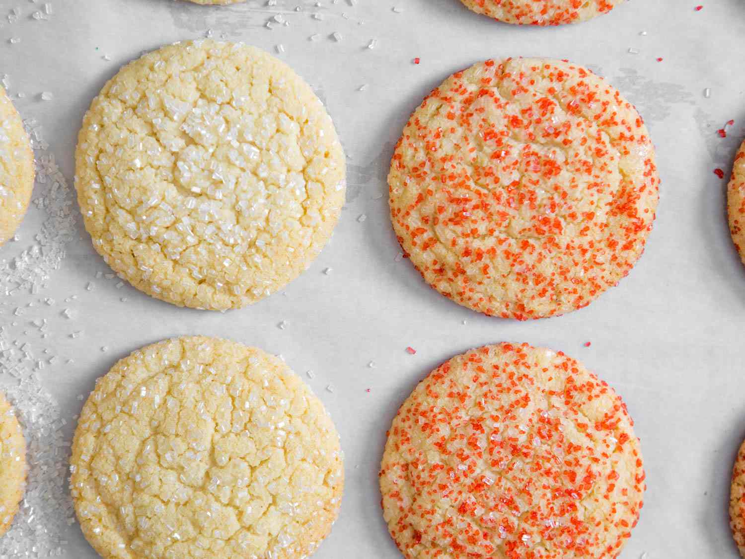 Baked soft and chewy sugar cookies, decorated with sugar.