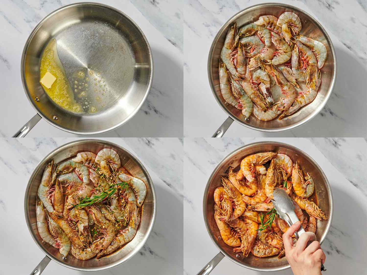 Steps in preparing BBQ shrimp in a skillet showing melted butter raw shrimp added seasoned shrimp cooking and shrimp fully cooked