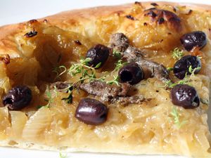 Pissaladiere with onions, olives, and fresh thyme