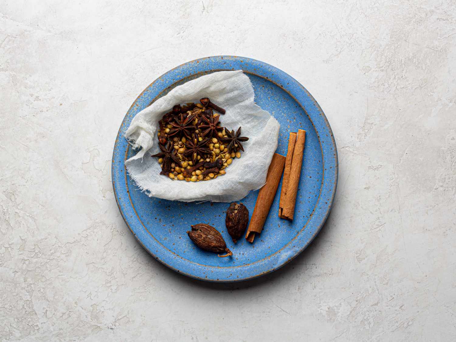 Overhead view of spices in pho