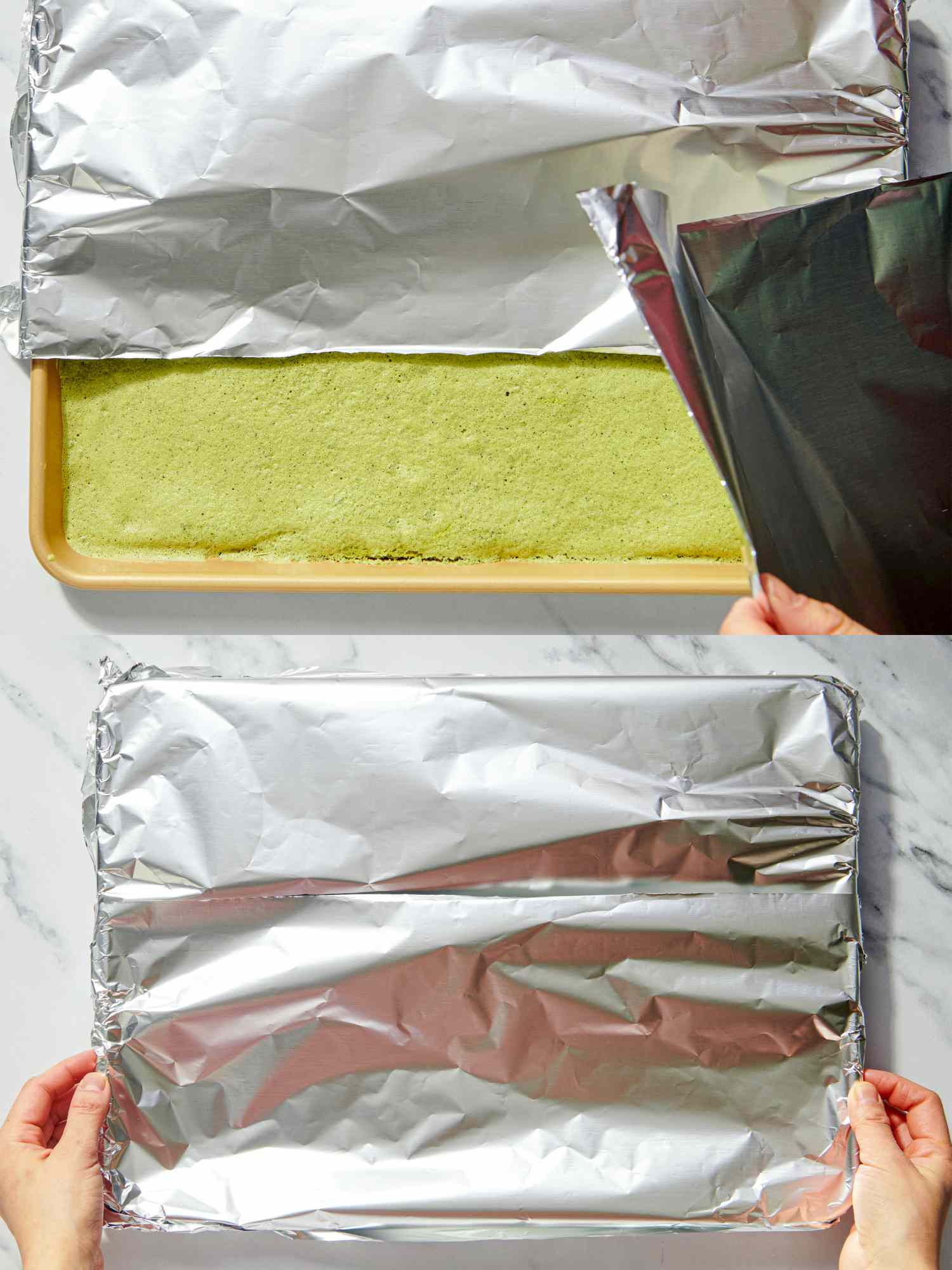 A rectangular baking dish with a green sponge cake covered with aluminum foil in preparation