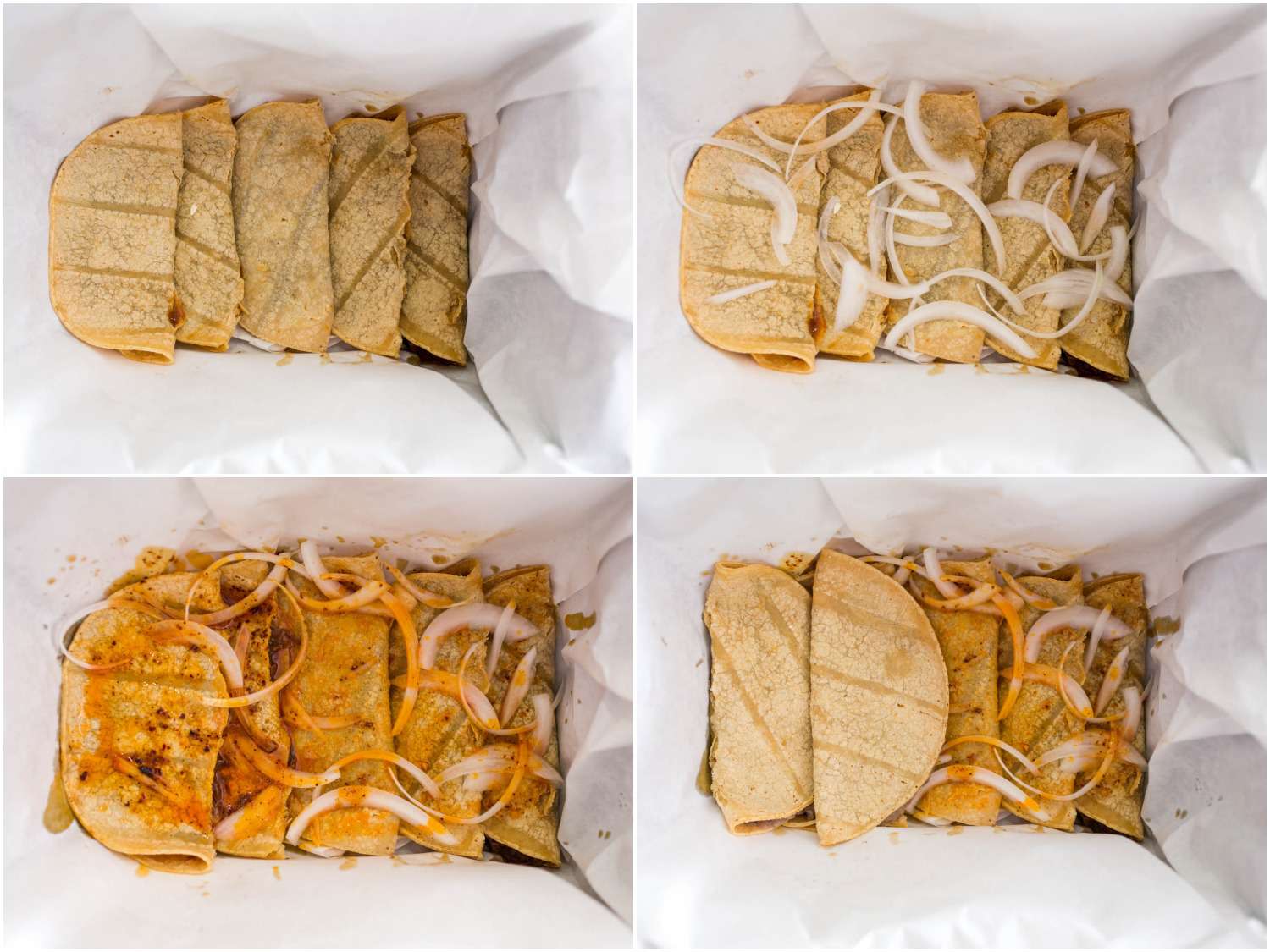 A collage of assembling tacos de canasta: a layer of filled tortilla, sliced onions, chile oil, followed by another layer of filled tortillas.
