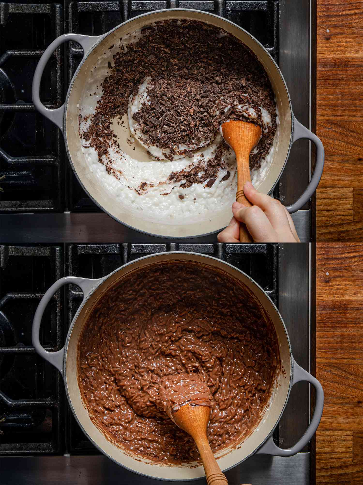 Two image collage of an overhead view of chocolate being added to pot and fully incorporated to the rice mixture
