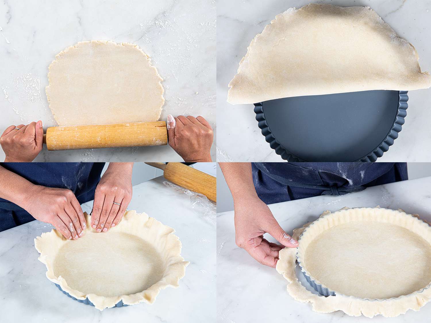 Four Image collage of dough being rolled out, draped over a pie pan, formed into pan, and excess dough being removed from the top