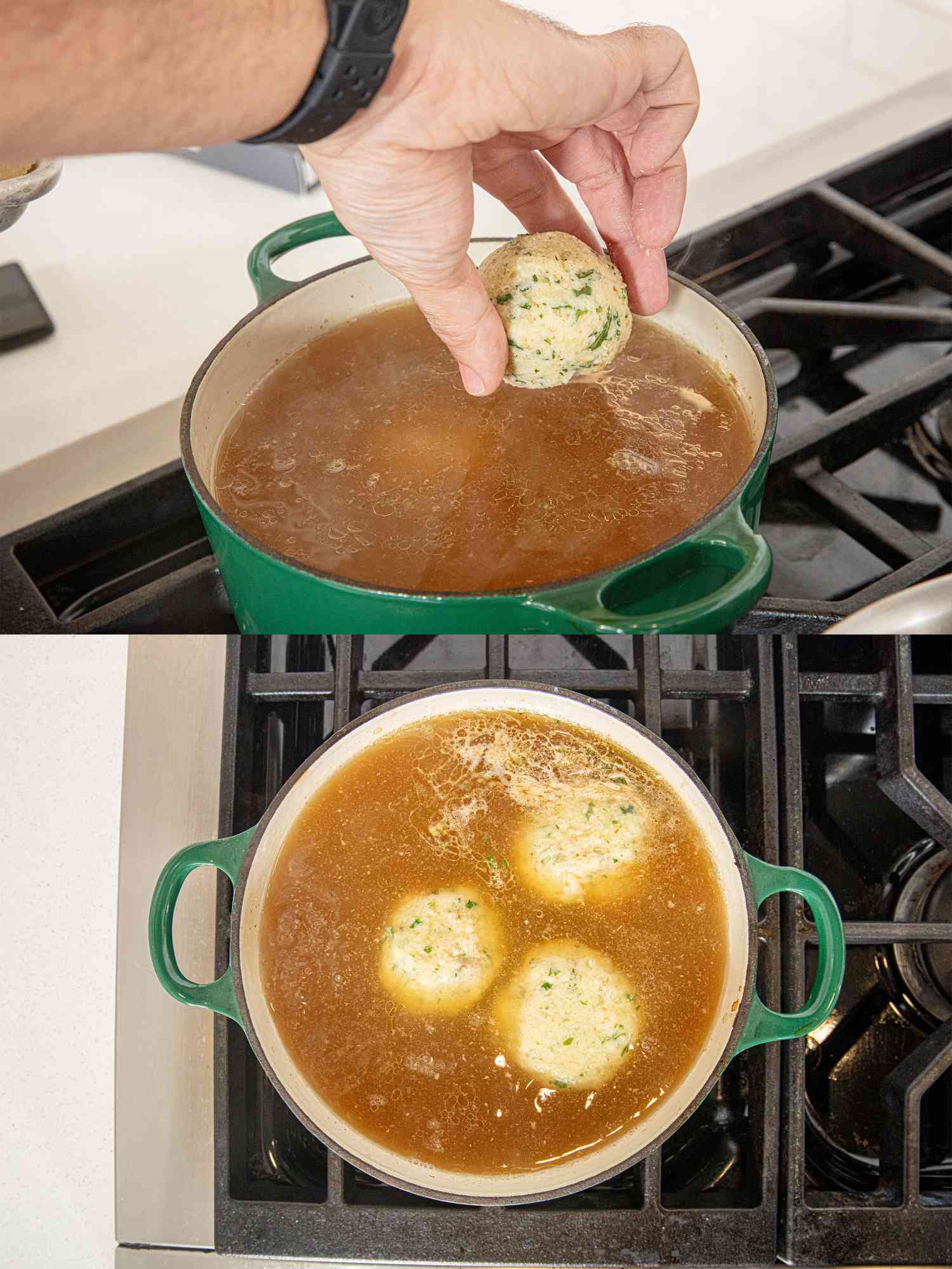 Two image collage of poaching dumplings