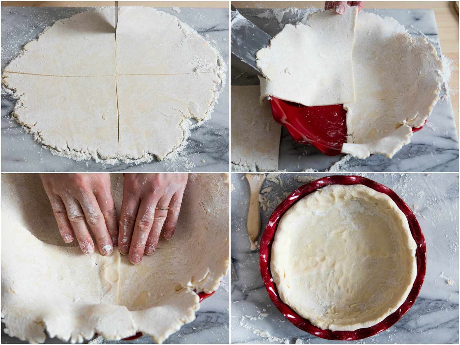 Collage of a pie dough round being cut into quarters, transferred to a pie dish, pressed together, and crimped along the rim.