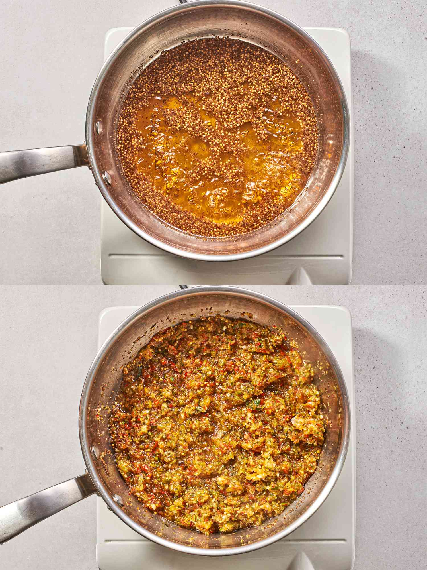 Vinegar, sugar, mustard seed, and celery boiling inside medium saucepan and then reduced to a simmer