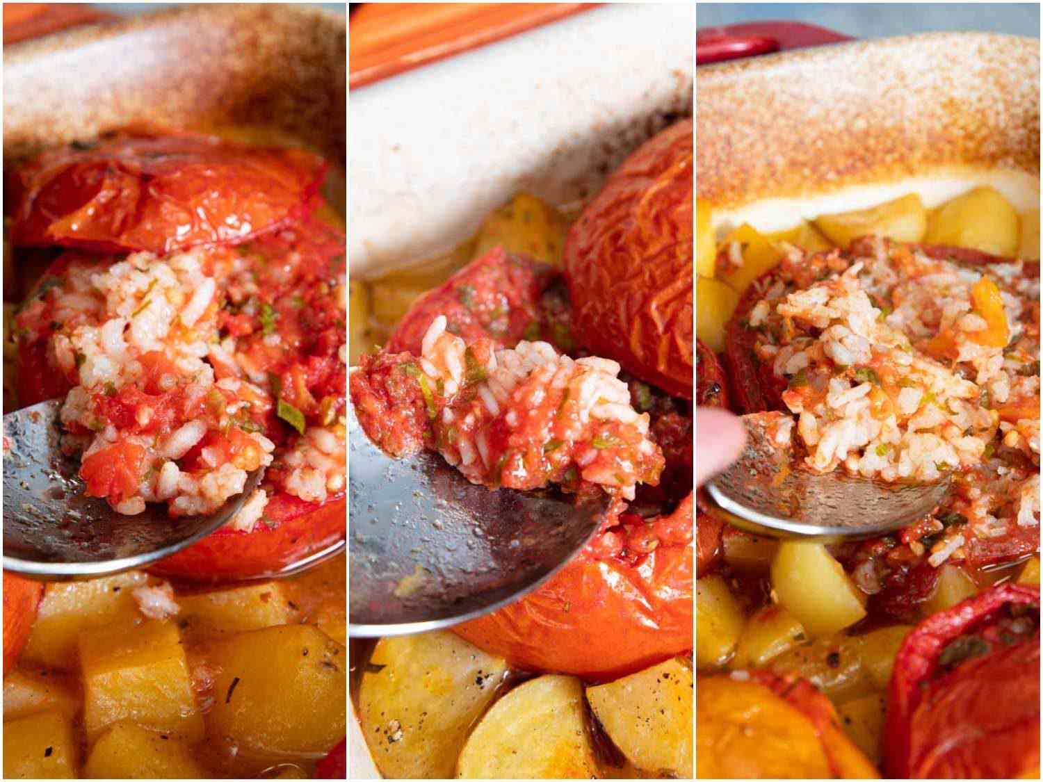 A three-image collage comparing the textures of rice after roasting during the first round of recipe testing: The risotto-style grains as well as the basmati remained chalky and hard, while the jasmine rice turned to mush.